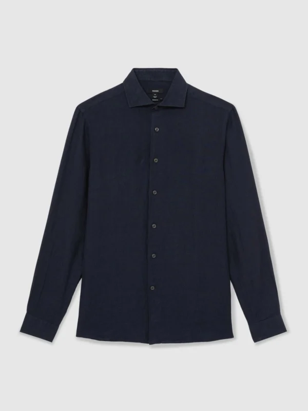 Reiss Navy Linen Regular-fit Long-sleeve Shirt