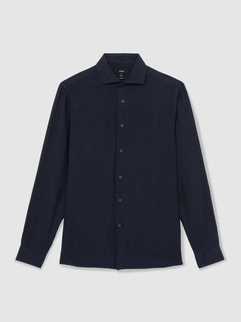 Reiss Navy Linen Regular-fit Long-sleeve Shirt