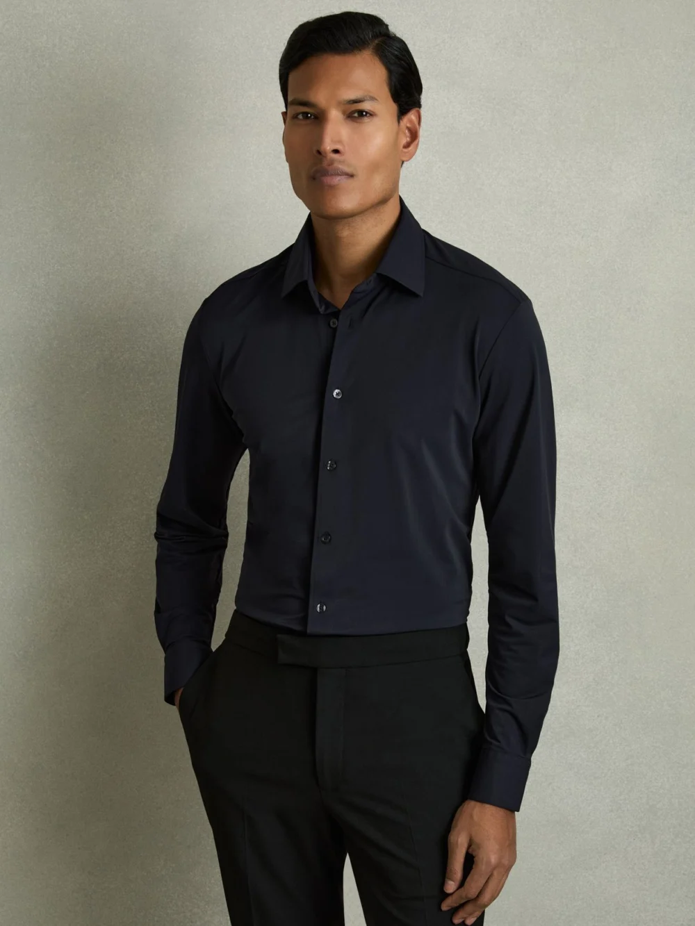 Reiss Navy Long-sleeve Slim-fit Travel Shirt