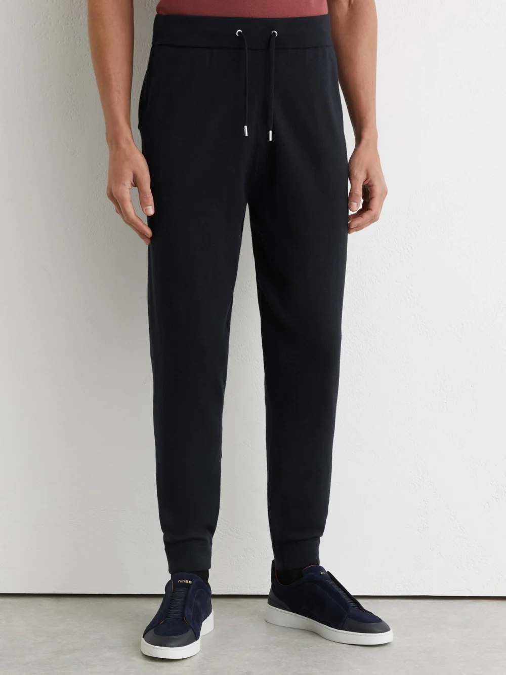 Reiss Navy Merino Wool-blend Cuffed Joggers, view 3