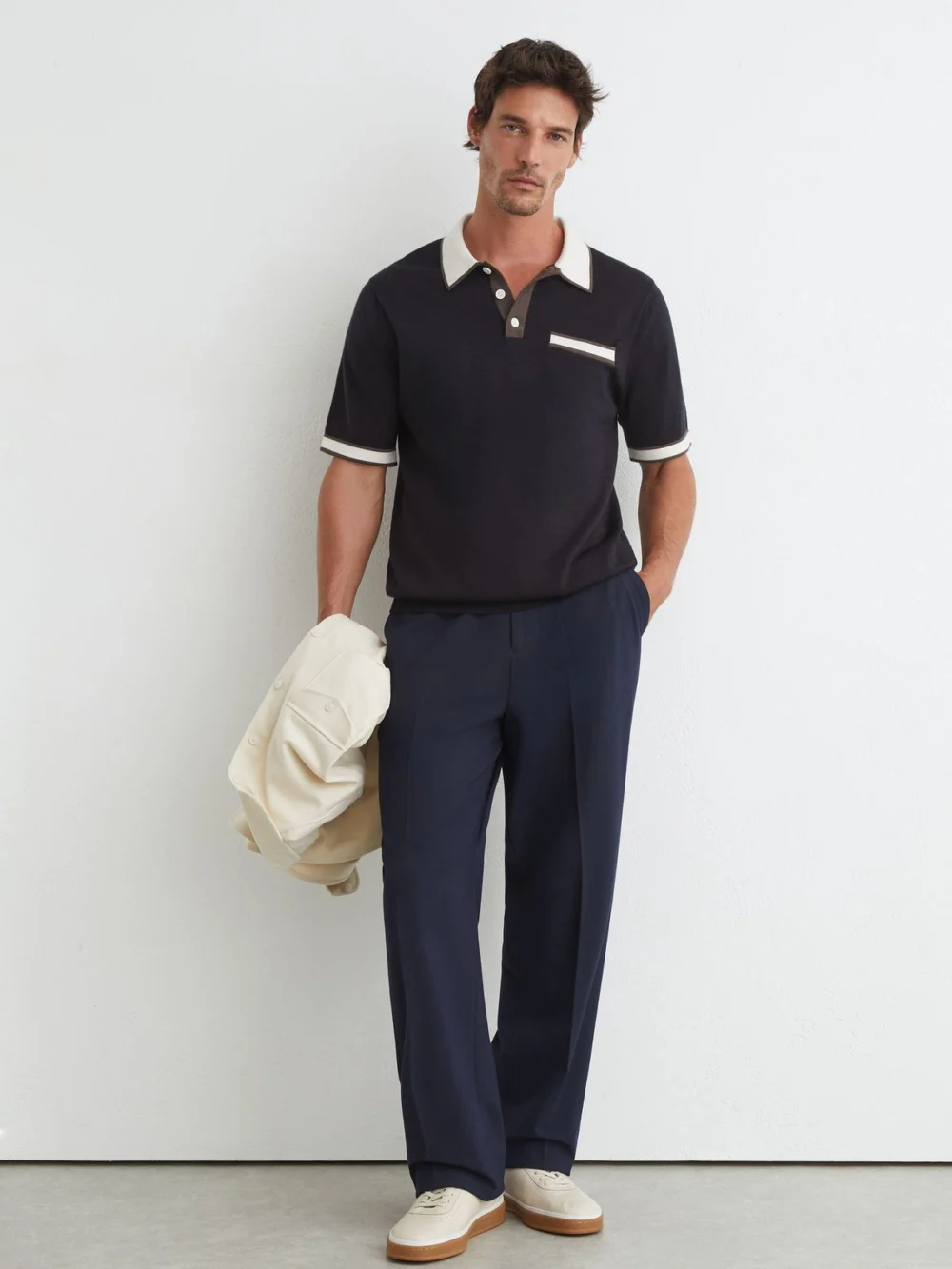 Reiss Navy Merino Wool Contrast-trim Polo Shirt, view 3