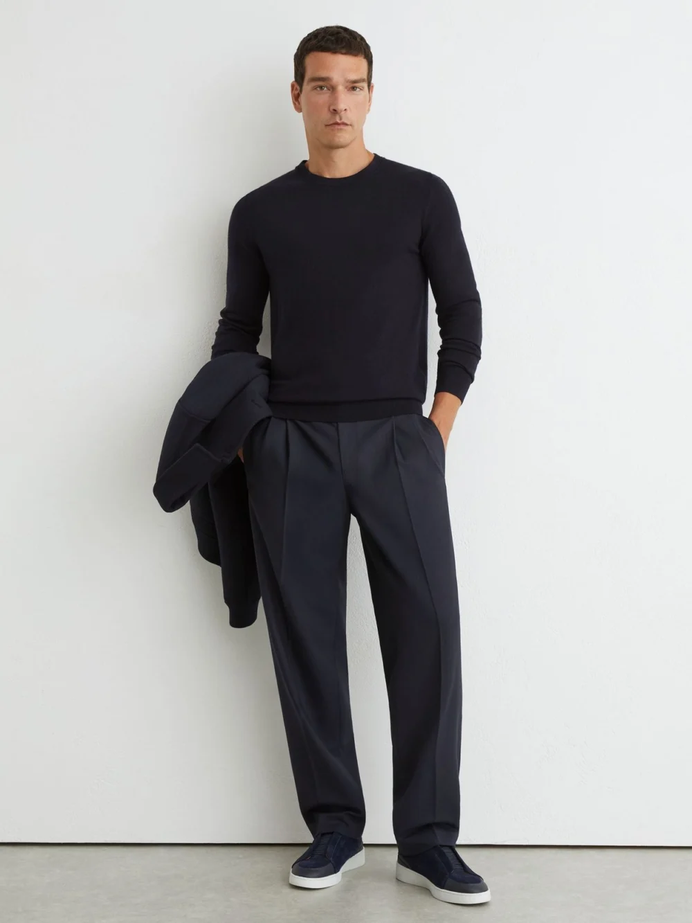 Reiss Navy Merino Wool Crew-neck Jumper, view 3