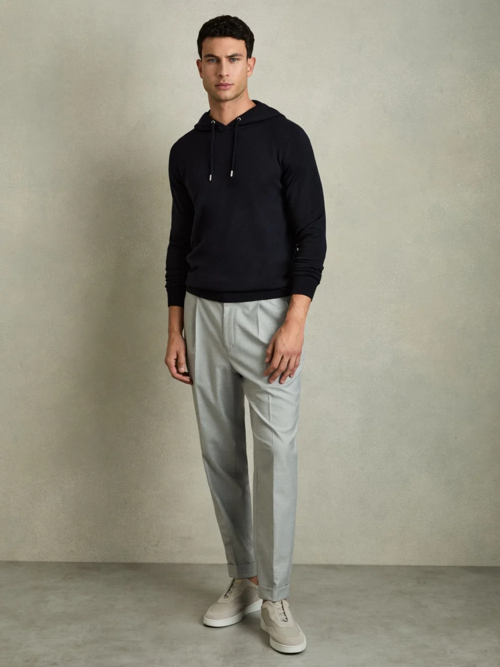 Reiss Navy Merino Wool Drawstring Hoodie, view 2