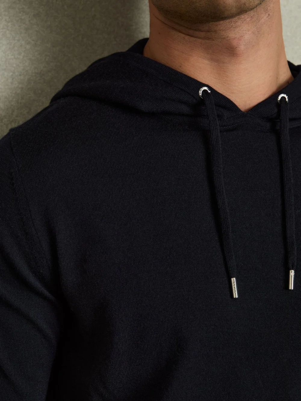 Reiss Navy Merino Wool Drawstring Hoodie, view 3
