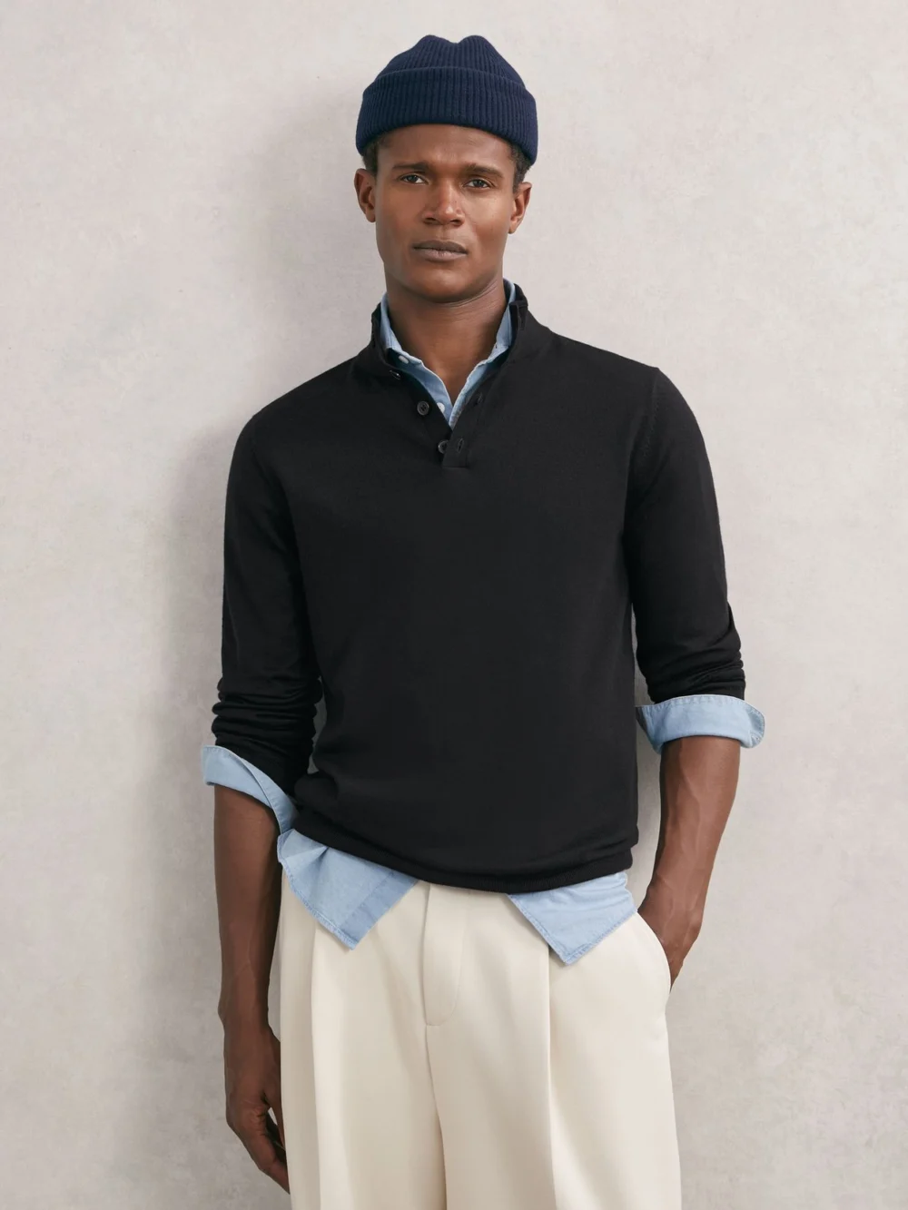 Reiss Navy Merino Wool Half-button Funnel Jumper, view 3