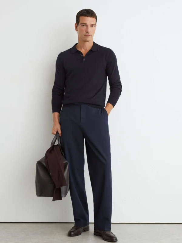 Reiss Navy Merino Wool Long-sleeve Polo Shirt