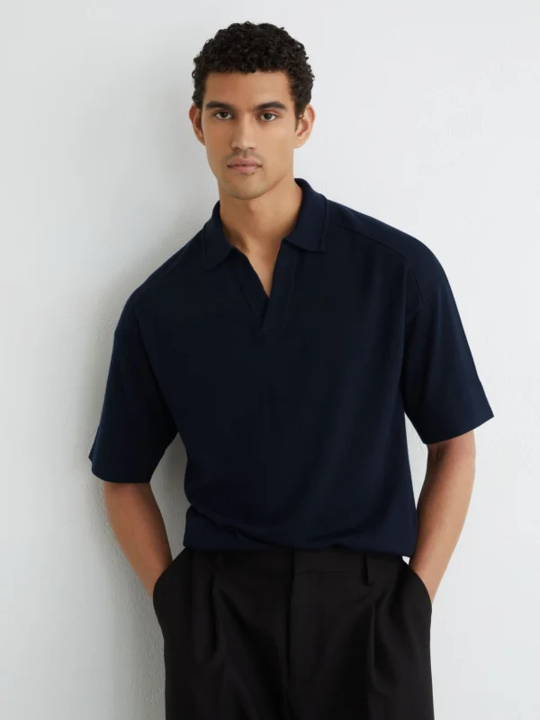 Reiss Navy Merino Wool Relaxed Polo Jumper