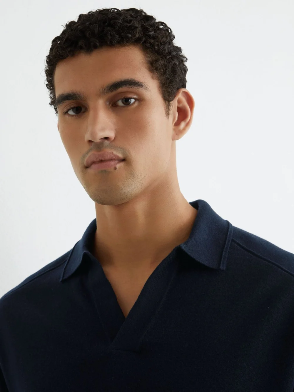 Reiss Navy Merino Wool Relaxed Polo Jumper, view 3