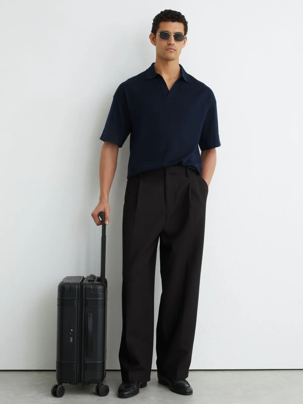 Reiss Navy Merino Wool Relaxed Polo Jumper, view 4