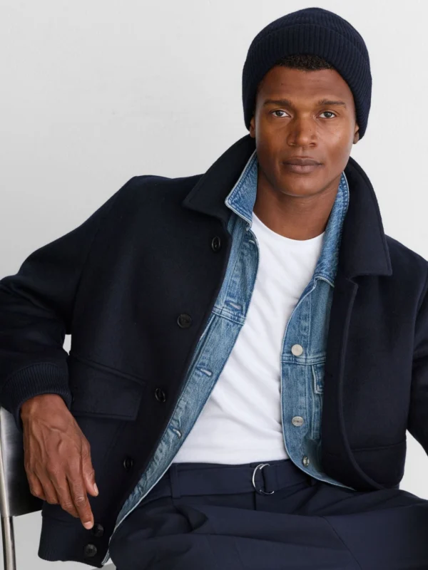 Reiss Navy Merino Wool Rib-knit Beanie,