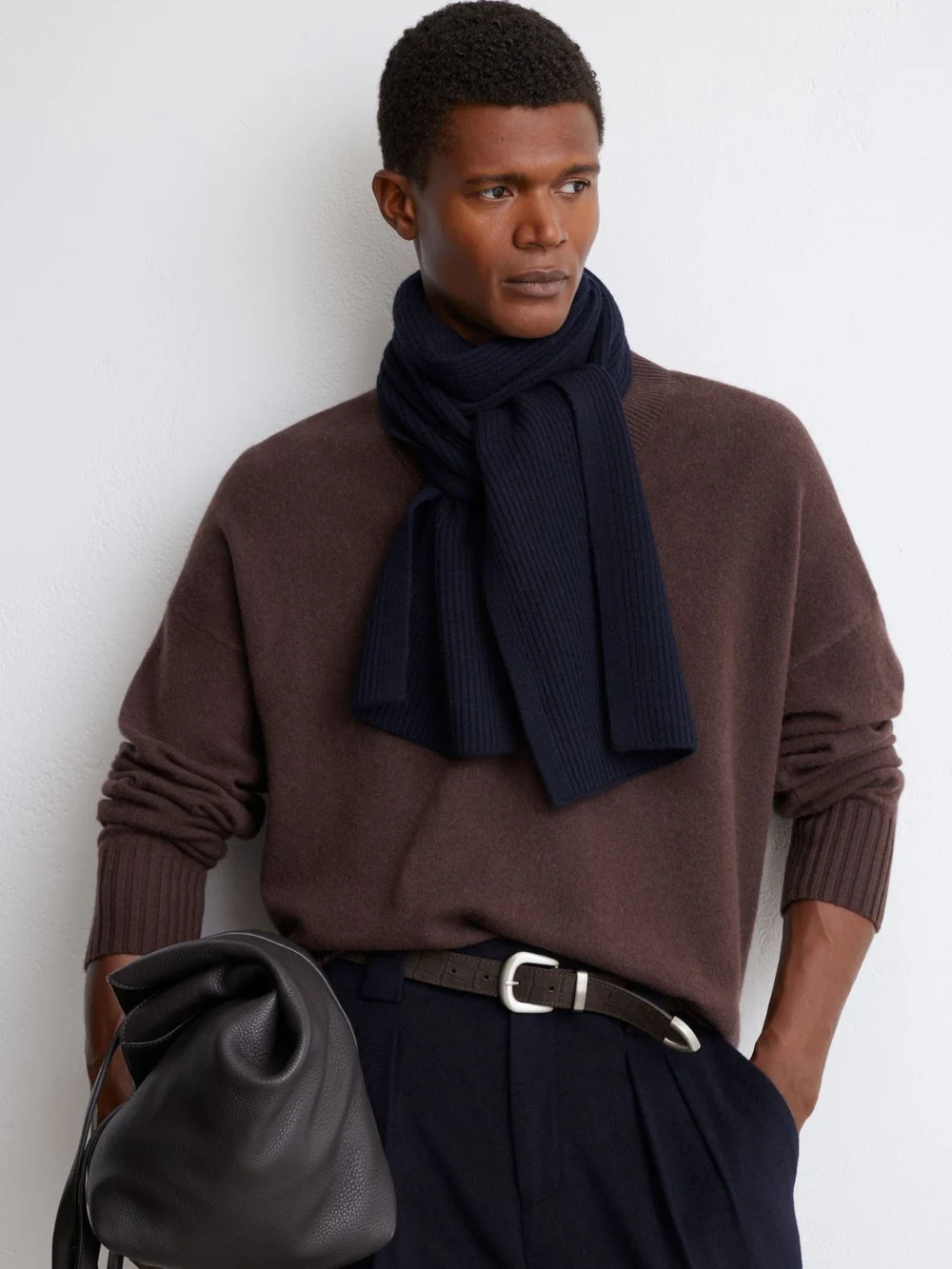 Reiss Navy Merino Wool Rib-knit Scarf,