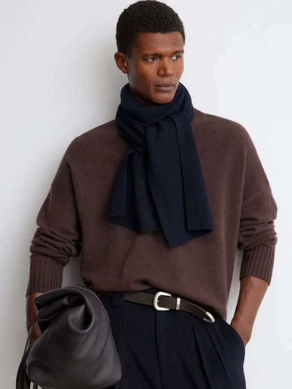 Reiss Navy Merino Wool Rib-knit Scarf,