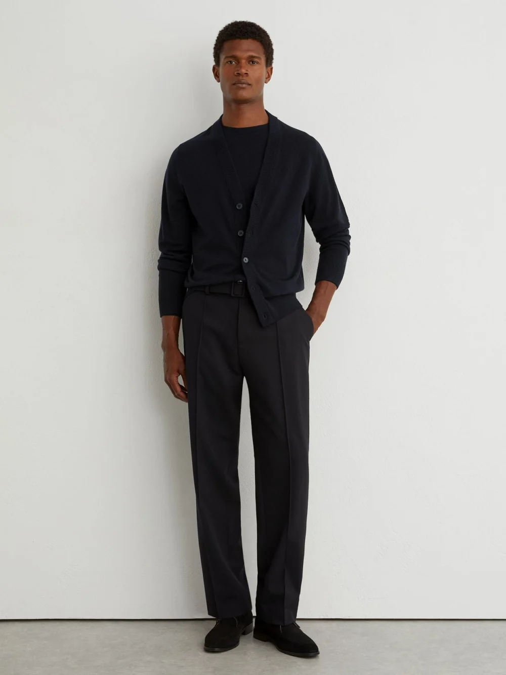 Reiss Navy Merino Wool V-neck Cardigan, view 4