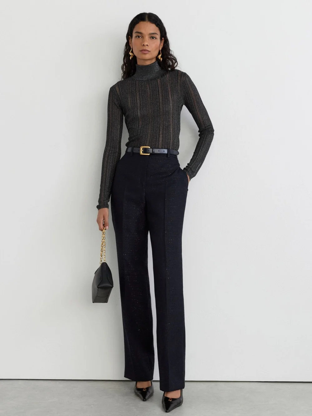 Reiss Navy Metallic Open-knit Roll-neck Top, view 3