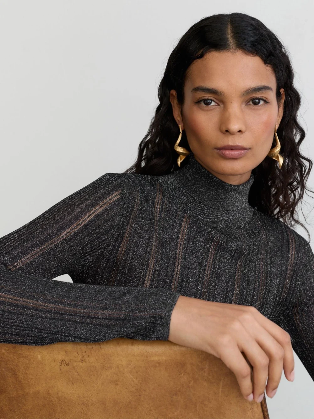 Reiss Navy Metallic Open-knit Roll-neck Top, view 4
