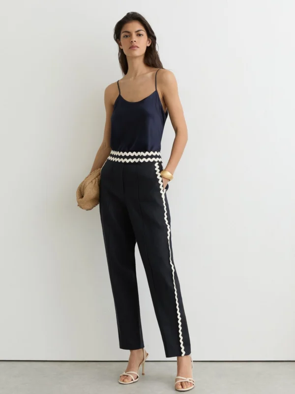 Reiss Navy Mila Linen Wave-trimed Trousers