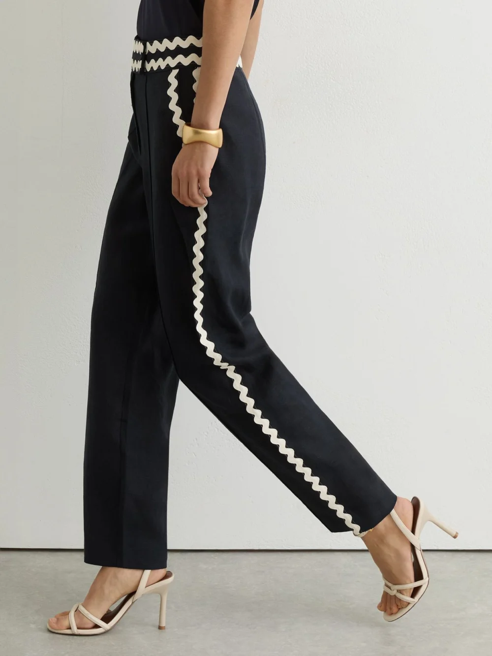 Reiss Navy Mila Linen Wave-trimed Trousers, view 3