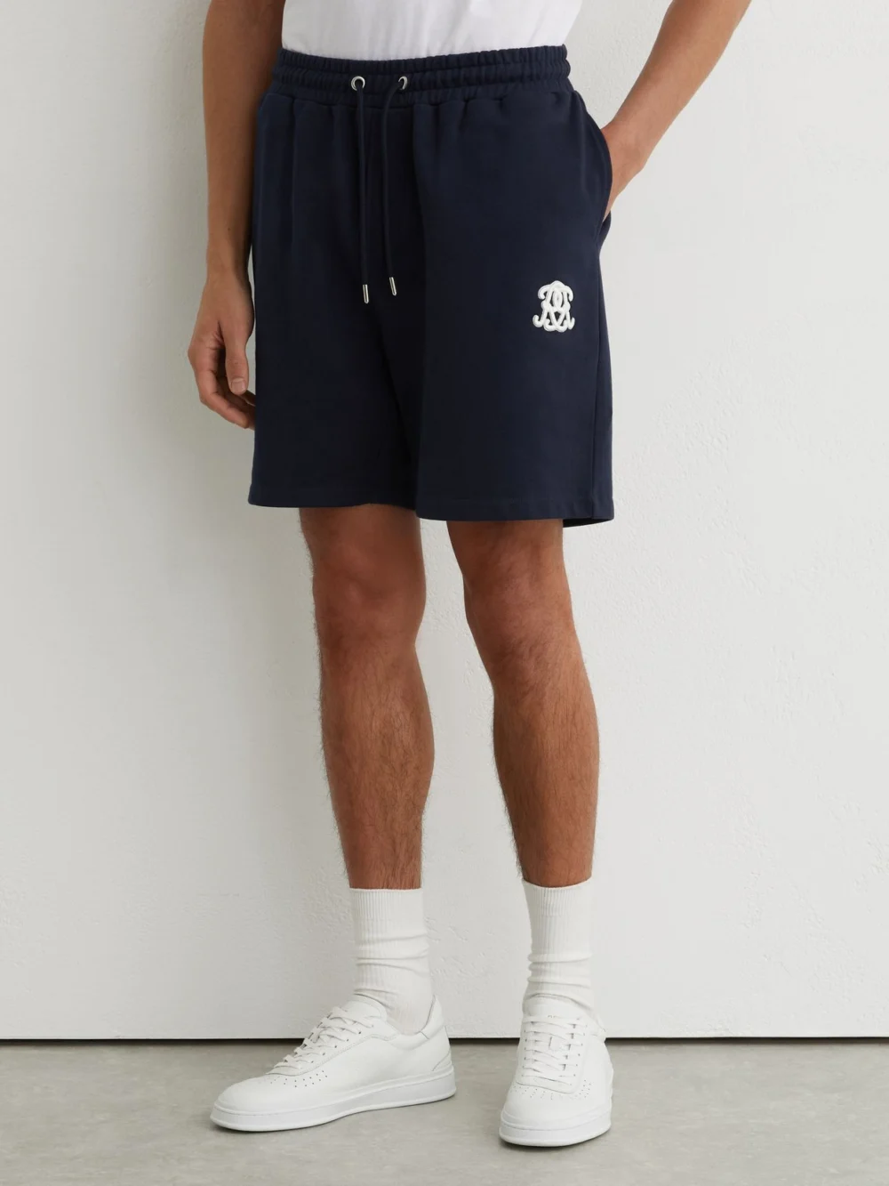 Reiss Navy Monogram Embroidered Cotton Shorts, view 3