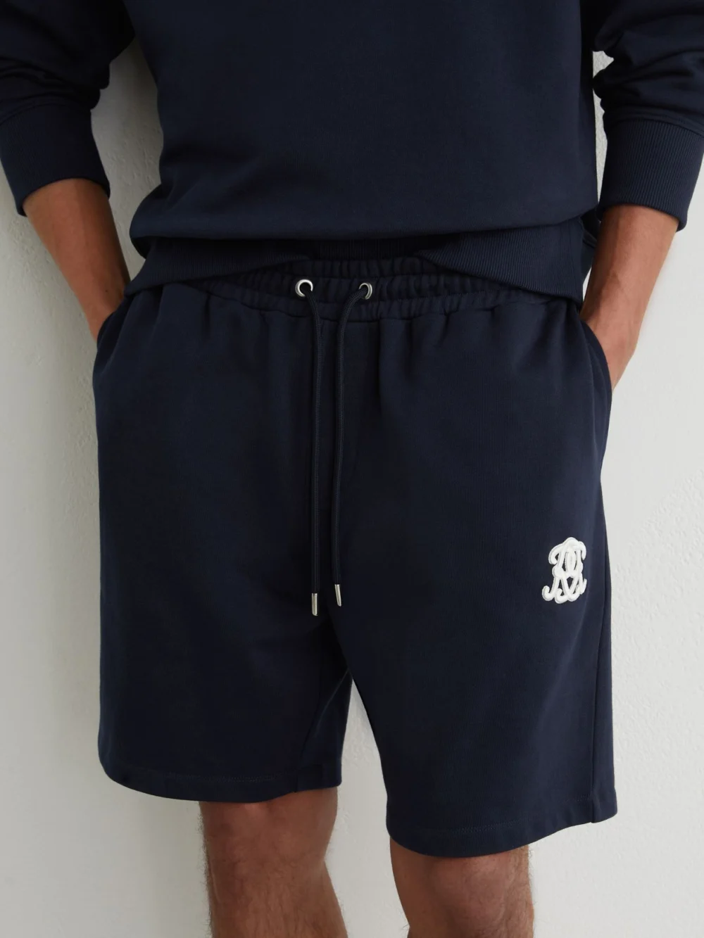 Reiss Navy Monogram Embroidered Cotton Shorts, view 4