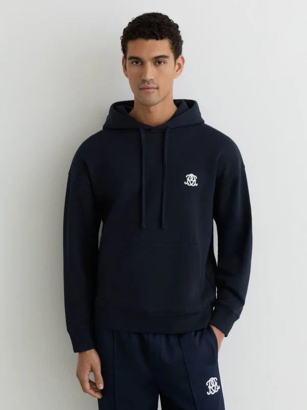Reiss Navy Monogram Embroidered Relaxed Hoodie