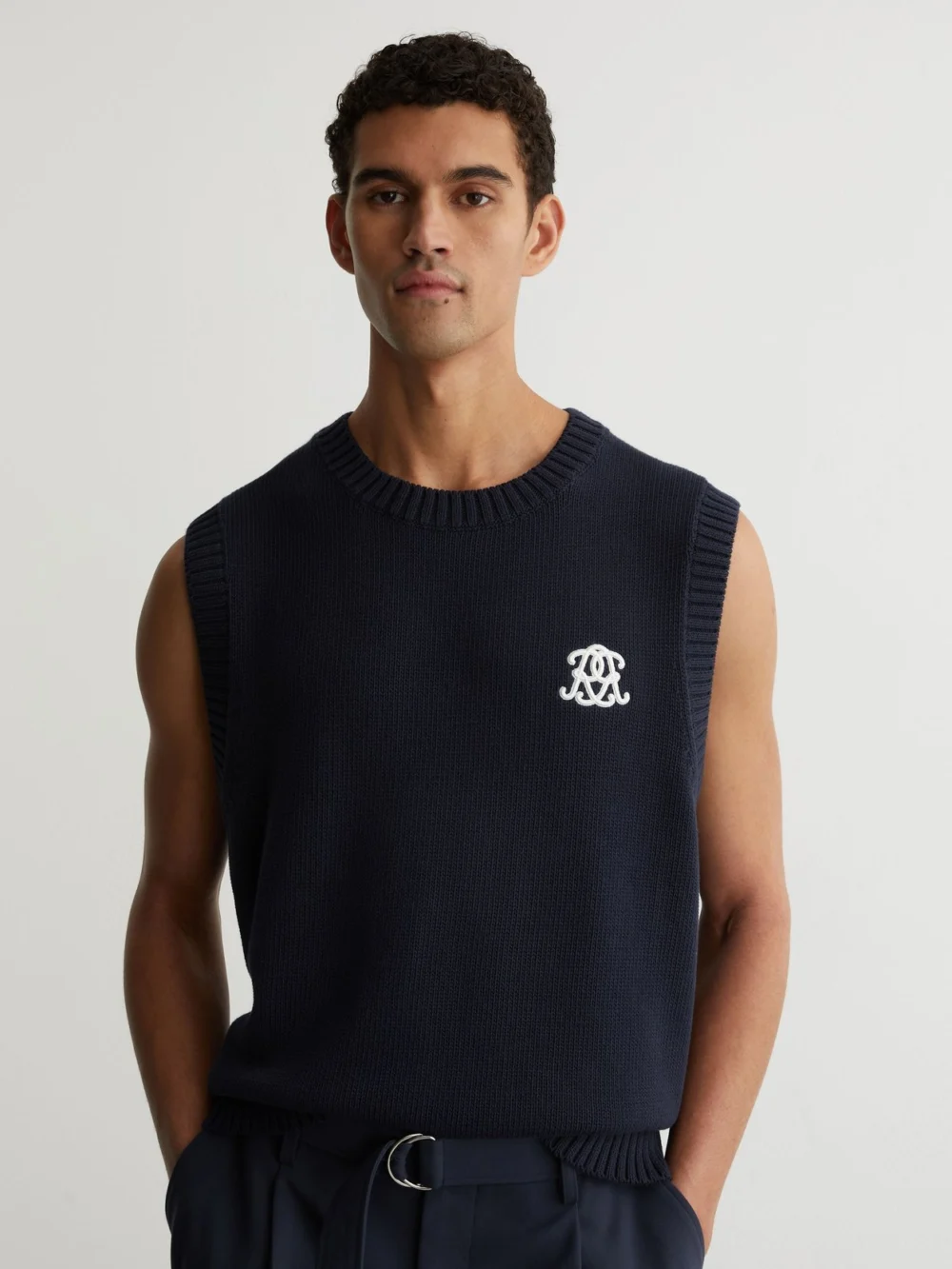 Reiss Navy Monogram Embroidered Relaxed Knit Vest