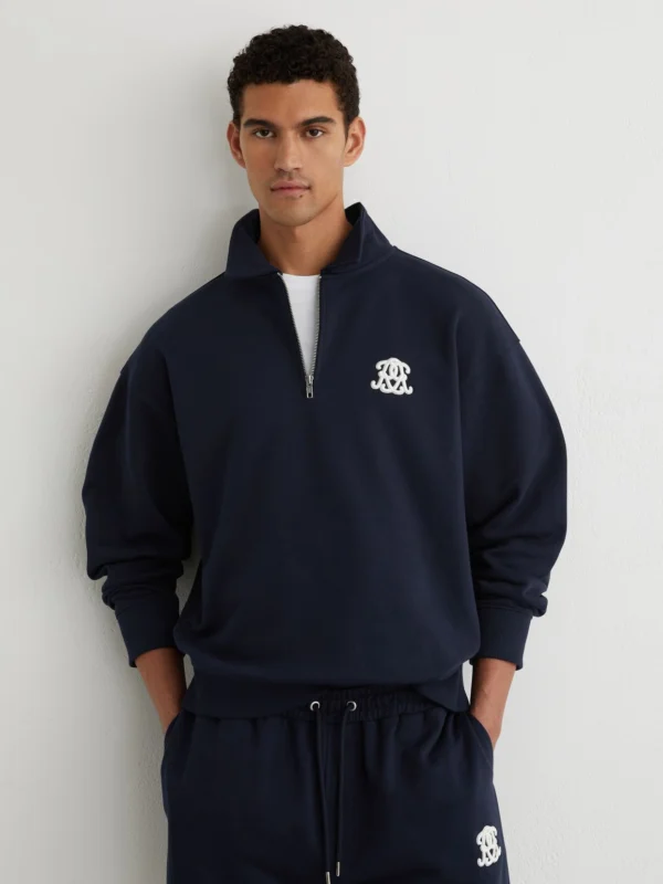Reiss Navy Monogram Relaxed Half-zip Sweatshirt