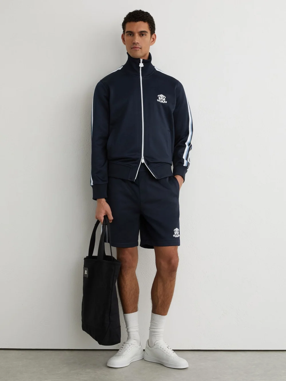 Reiss Navy Monogram Tape-detail Relaxed Shorts, view 3