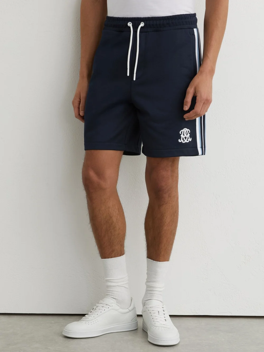 Reiss Navy Monogram Tape-detail Relaxed Shorts, view 4