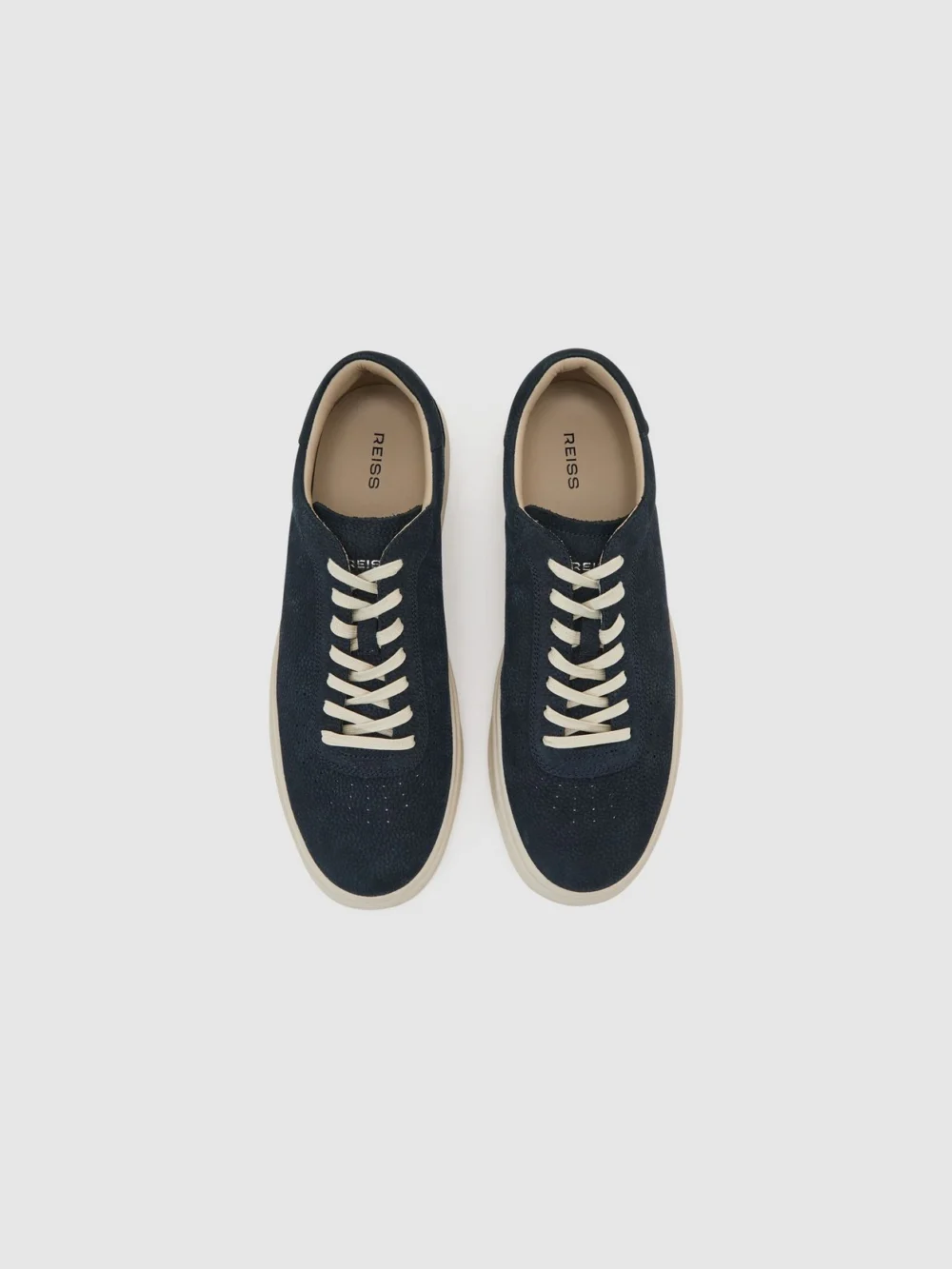 Reiss Navy Nubuck Leather Perforated-detail Trainers, view 3