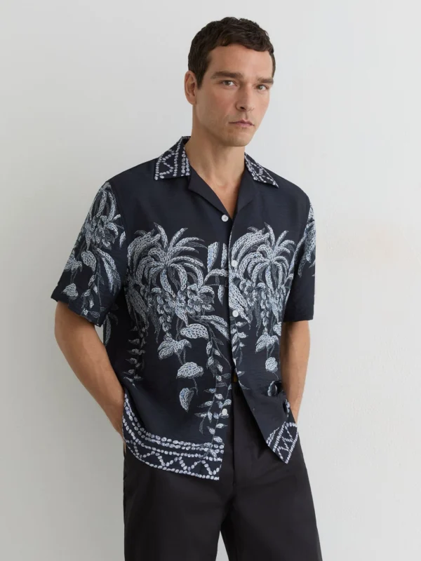 Reiss Navy Palm-print Cuban-collar Shirt