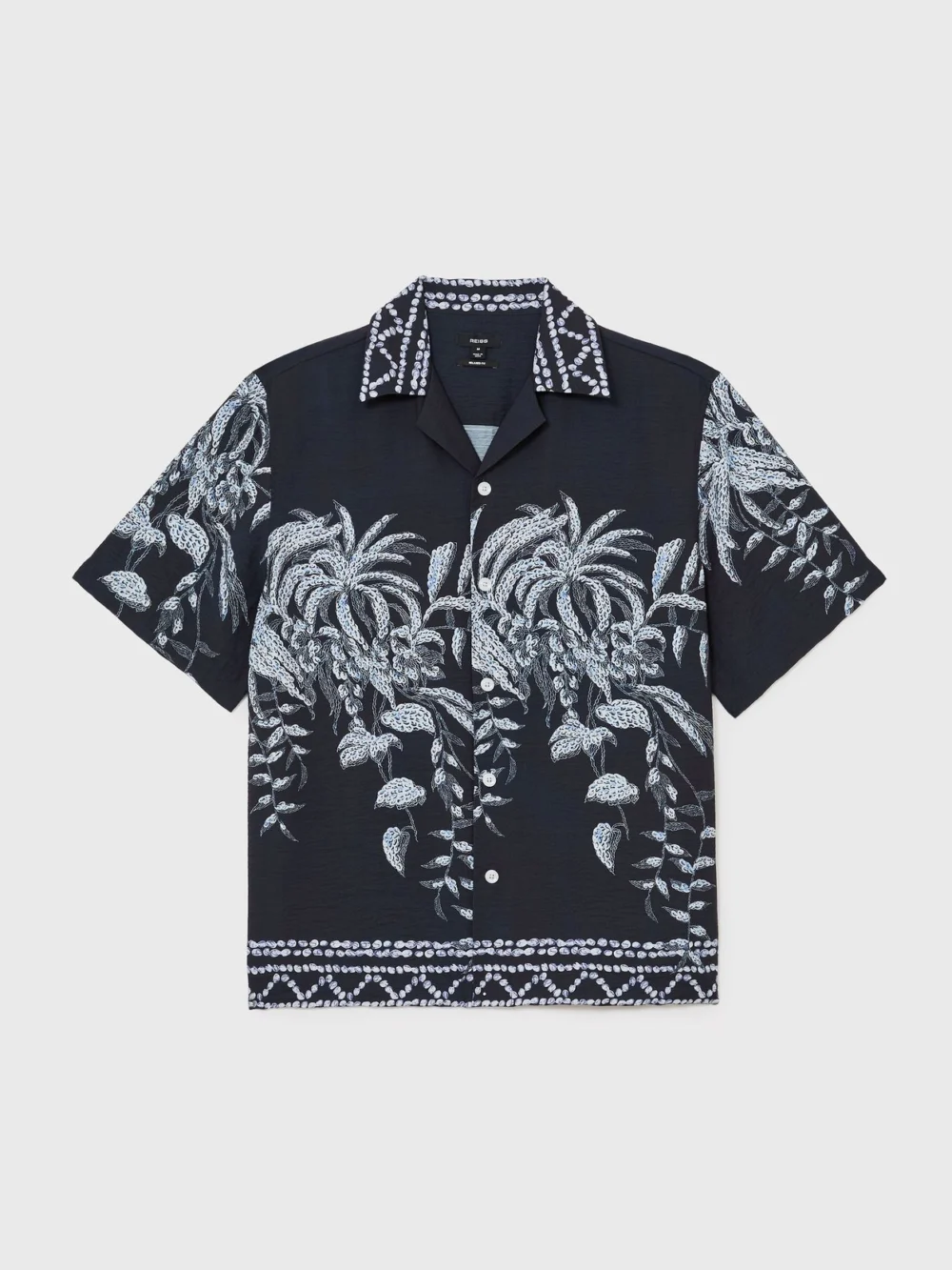 Reiss Navy Palm-print Cuban-collar Shirt, view 2