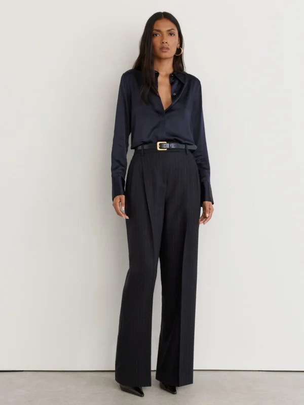 Reiss Navy Petite Silk-satin Concealed-placket Shirt