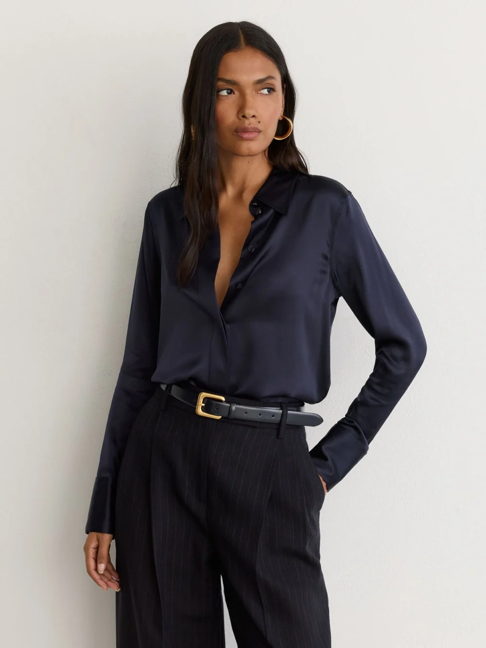 Reiss Navy Petite Silk-satin Concealed-placket Shirt, view 3