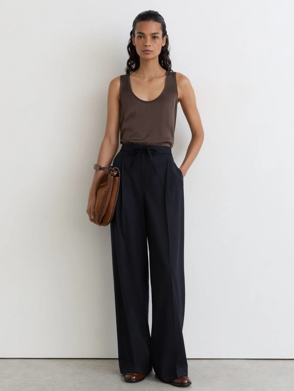 Reiss Navy Petite Wool-blend Drawstring Wide-leg Suit Trousers