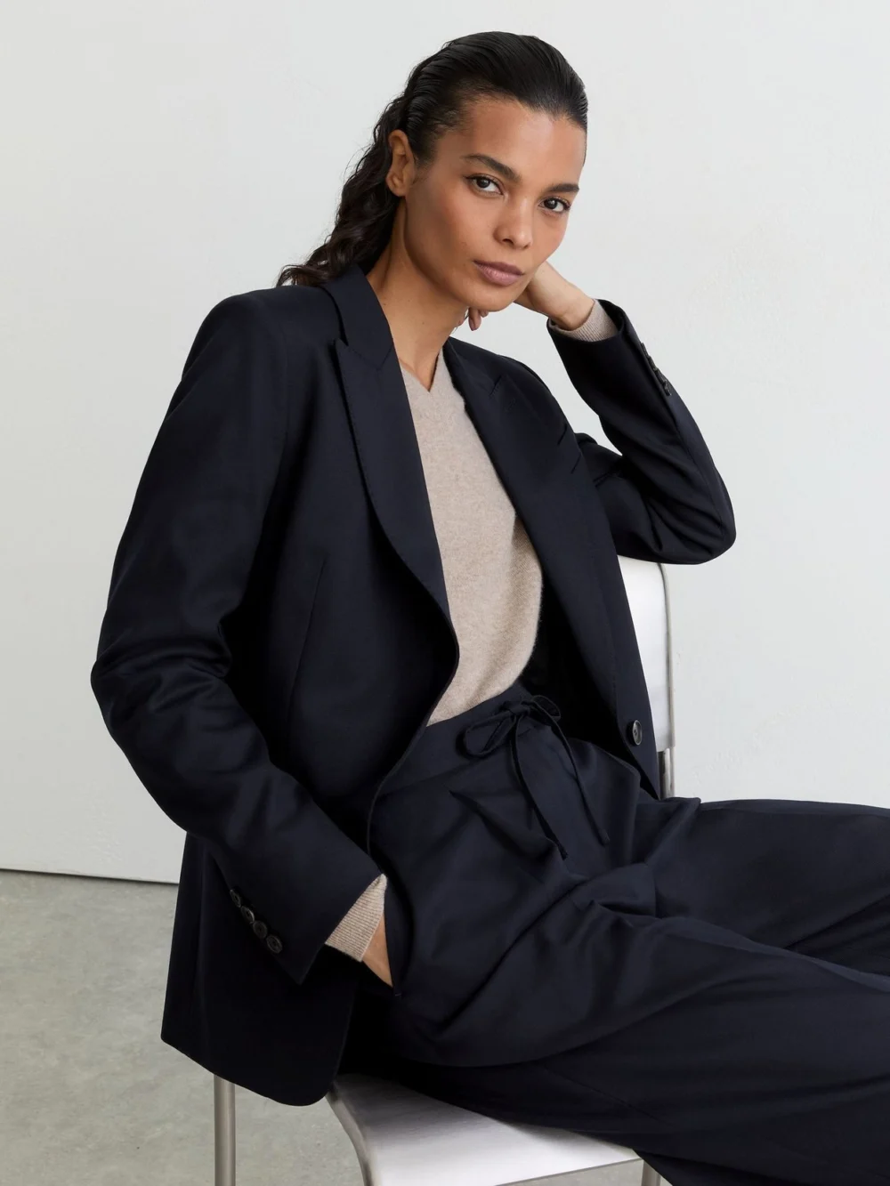 Reiss Navy Petite Wool-blend Single-breasted Suit Blazer, view 5