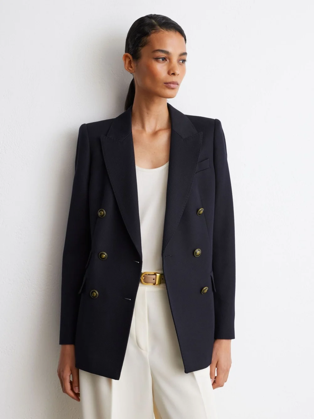 Reiss Navy Petite Wool-blend Twill Double-breasted Blazer, view 4