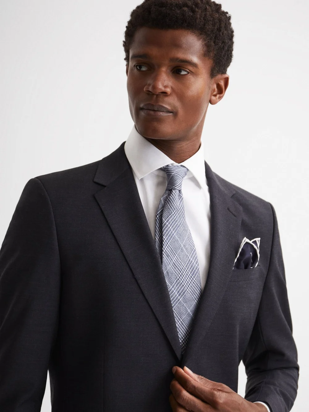 Reiss Navy Plain Silk Pocket Square, view 2