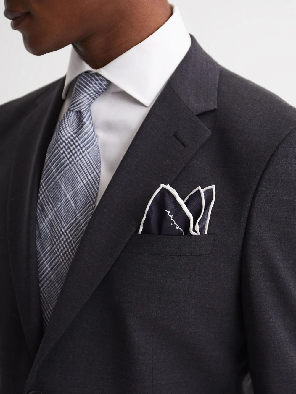 Reiss Navy Plain Silk Pocket Square, view 3