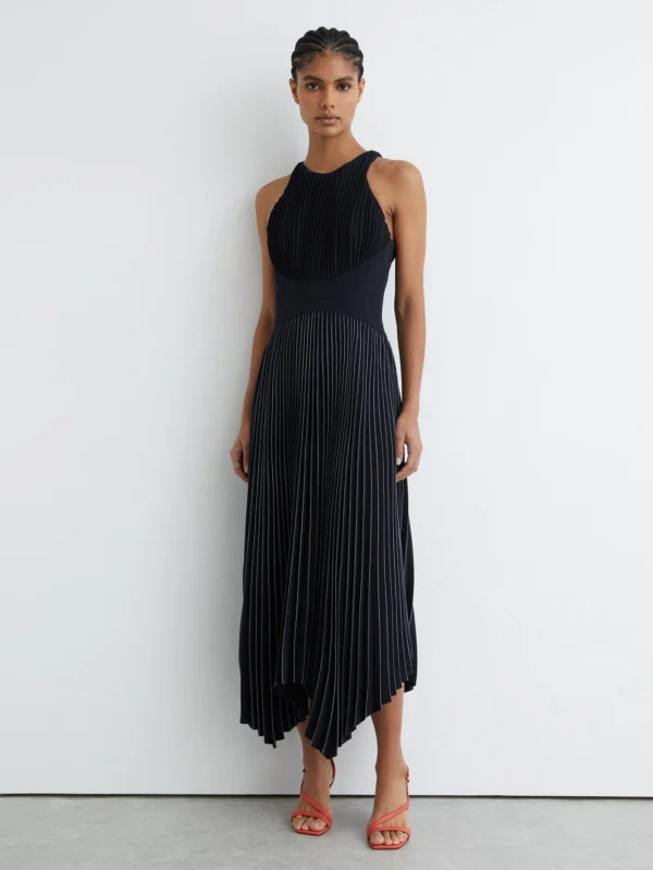 Reiss Navy Pleated Sleeveless Midi Dress