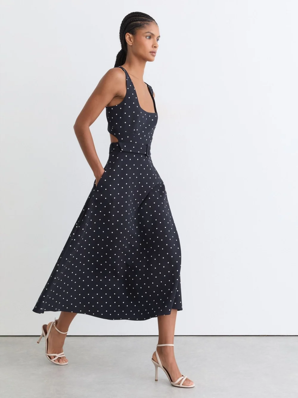 Reiss Navy Polka Dot-print Belted Midi Dress