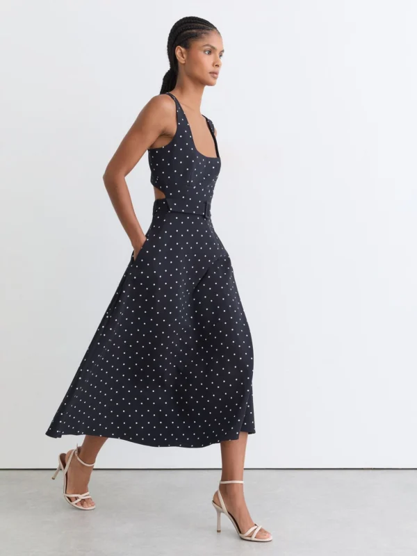 Reiss Navy Polka Dot-print Belted Midi Dress