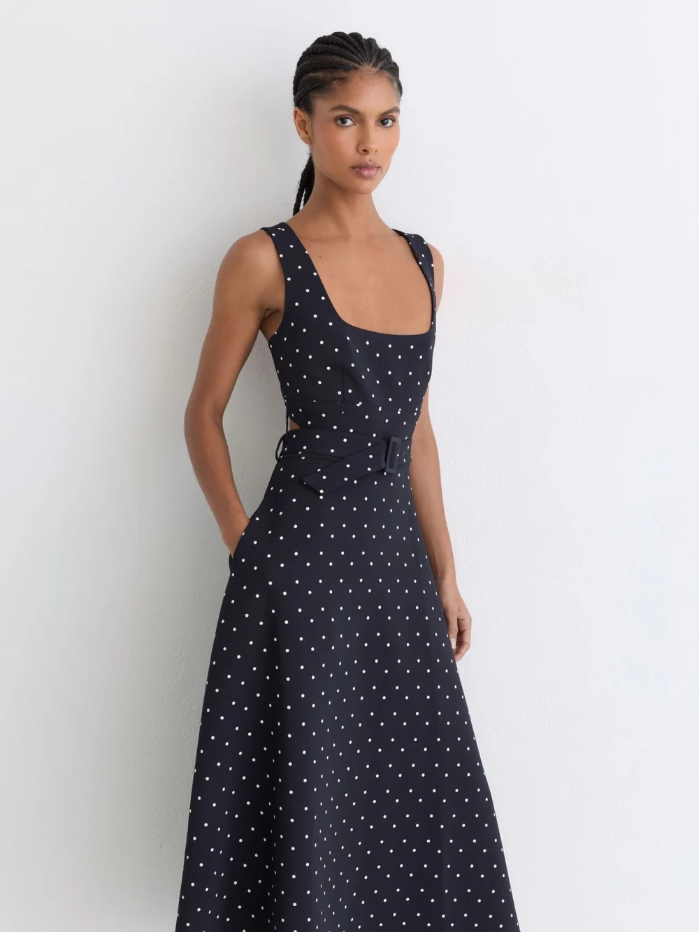 Reiss Navy Polka Dot-print Belted Midi Dress, view 3