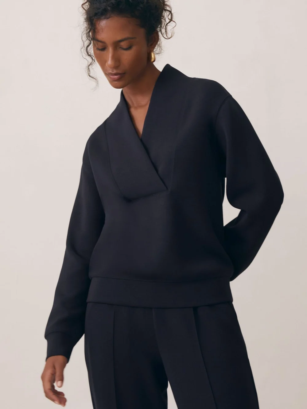 Reiss Navy Premium Interlock Shawl-neck Sweatshirt with