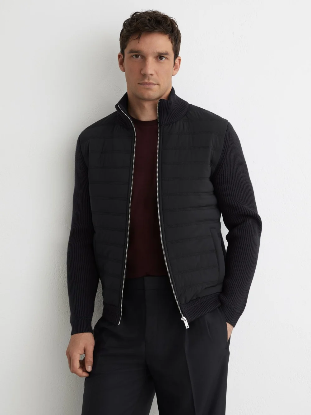 Reiss Navy Quilted Rib-knit Funnel-neck Jacket