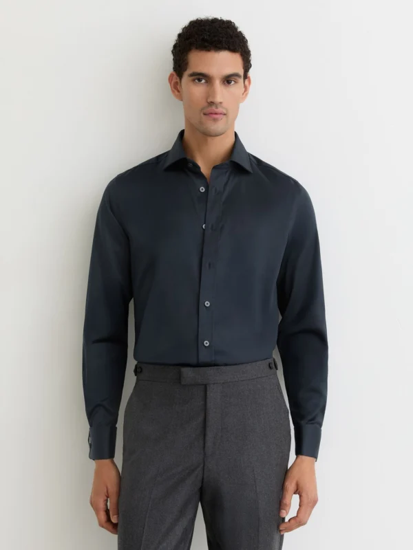 Reiss Navy Regular Fit Stretch Double-cuff Shirt Cotton-blend