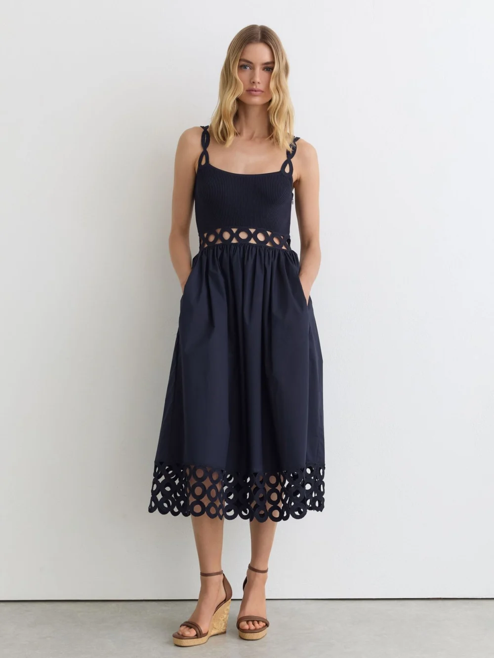 Reiss Navy Rib-knit Woven Mix Cut-out Midi Dress