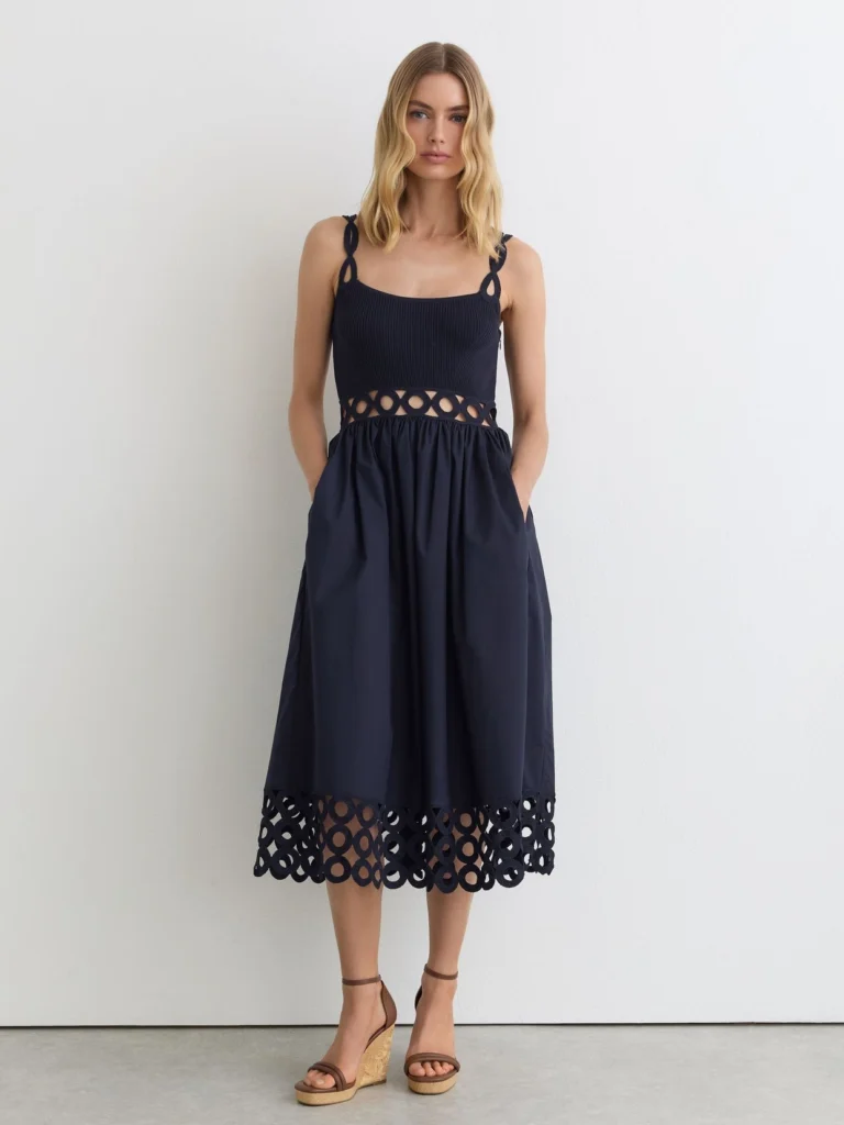Reiss Navy Rib-knit Woven Mix Cut-out Midi Dress
