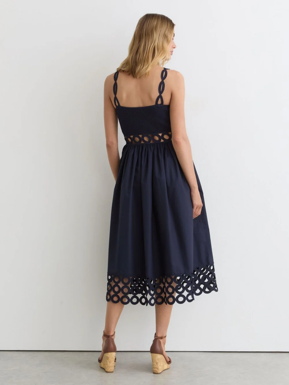 Reiss Navy Rib-knit Woven Mix Cut-out Midi Dress, view 4