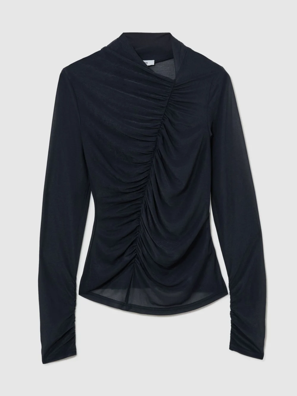 Reiss Navy Ruched Sheer Long-sleeve Top, view 2