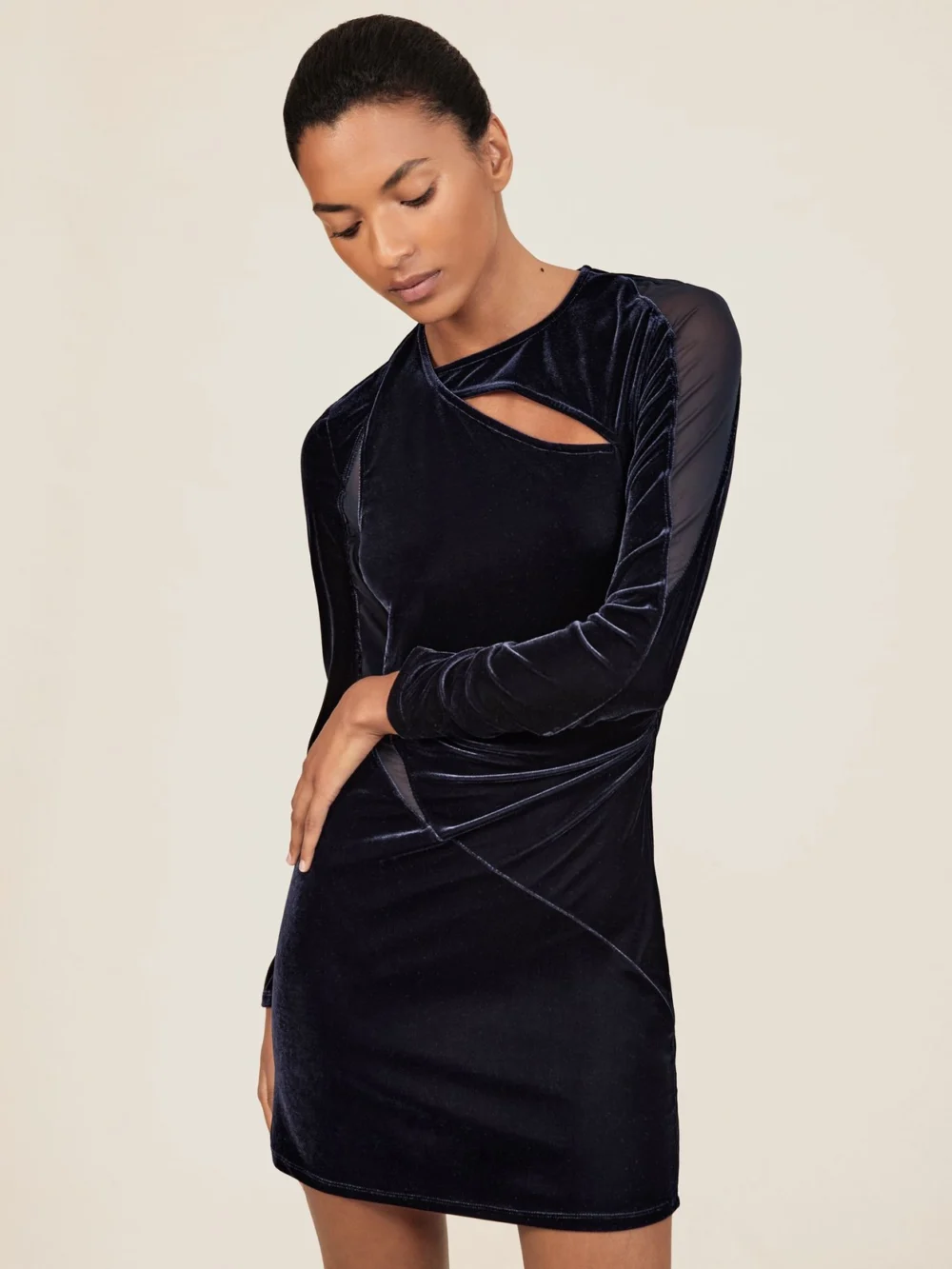 Reiss Navy Ruched Velvet Mesh Panel Mini Dress